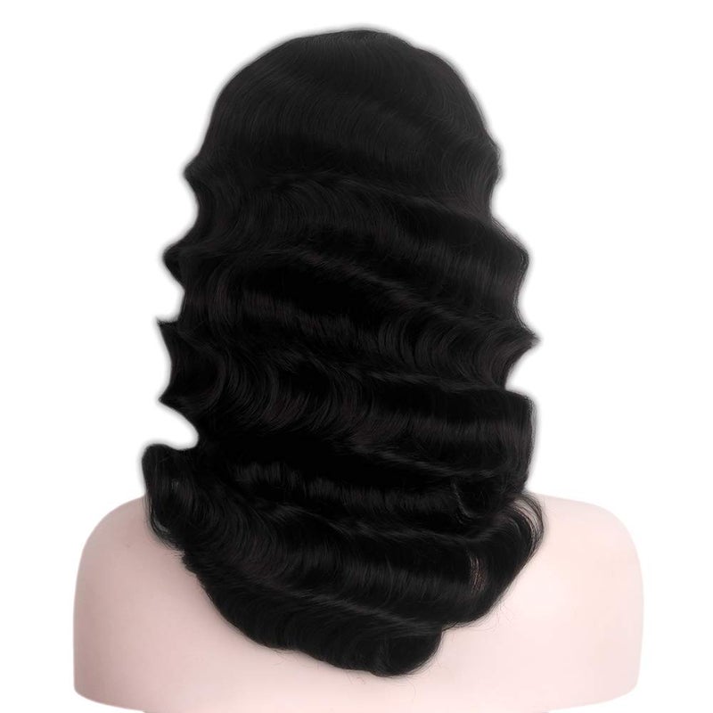 STfantasy Finger Wave Wig 1920s Retro Mid Length Long Curly Synthetic Hair for Women Cosplay Halloween Party Costume (Jet Black) - Image 1